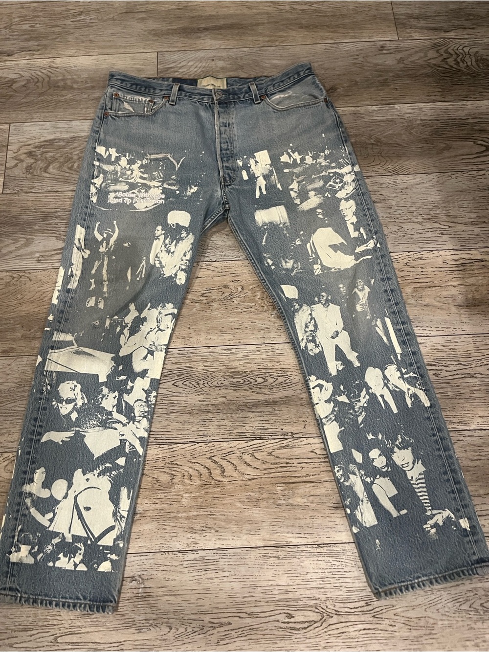 Straight Fit Graphic Blue Jeans with White Photo Print